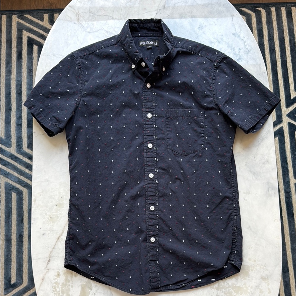 J. Crew Factory Navy Blue Casual Button Down Shirt Short Sleeve with Anchors